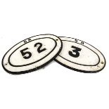Original Cast Iron BR Bridge Plates, two oval plates each with fixing holes inscribed BR 52 and BR