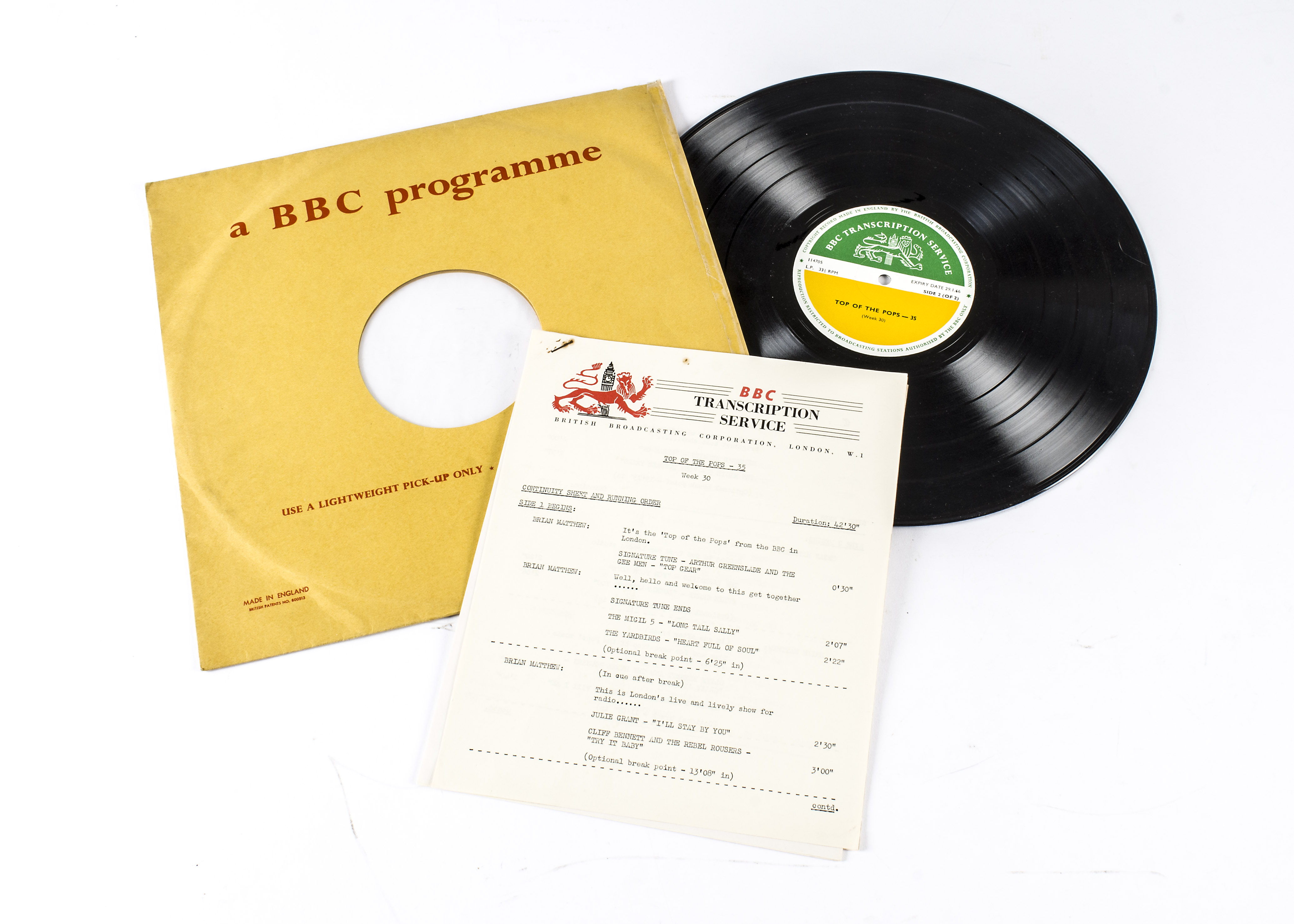 The Yardbirds, BBC Transcription Disc LP - Top of The Pops No. 35, featuring the Yardbirds, together