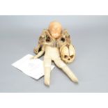 A Midwife's Outfit, suede and composition new-born baby, facsimile pelvis, skull, leaflet and