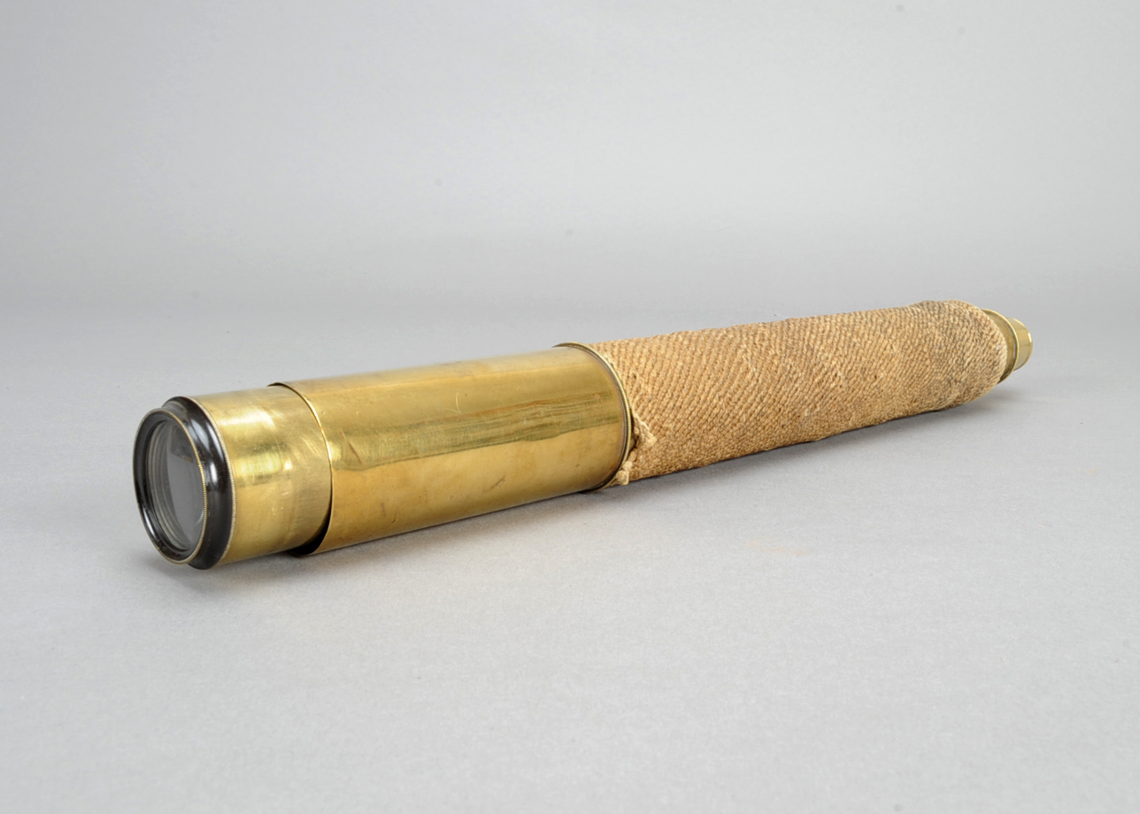 A 19th Century brass Three-Draw Naval Telescope, re-covered, incomplete, P, af