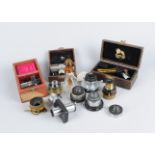 Microscope Accessories, Watson - micrometer and prismatic eyepieces, both cased, Leitz Ehrlich and