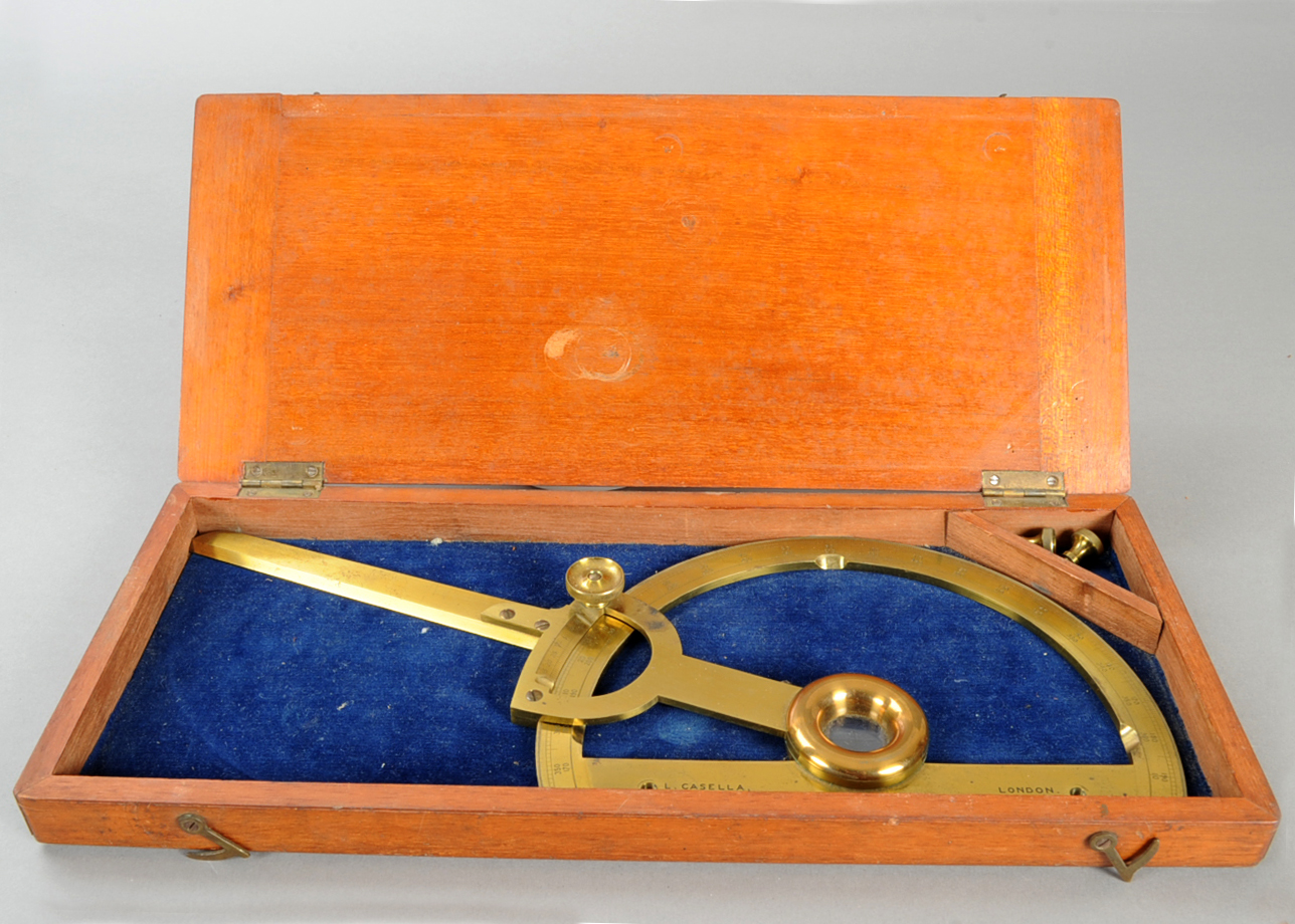 A late 19th Casella Century lacquered brass Protractor, with adjustable divided indicator arm and