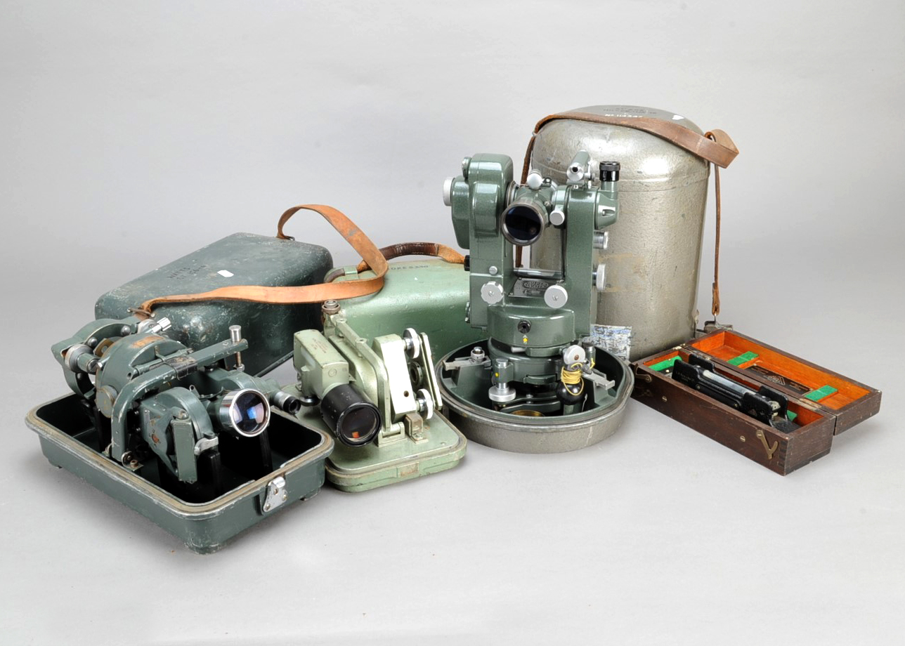 Modern Surveying Instruments, Hilger & Watts theodolite, in cylindrical metal case with broad