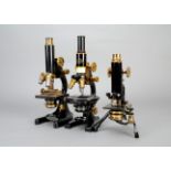 Lacquered brass and black-enamelled Compound Monocular Microscopes, W Watson & Son, with folding