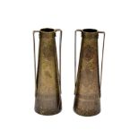 A pair of brass Kinco vases, twin-handled tapering form, arabesque decoration, 23 cm high