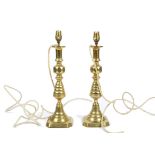 A pair of brass candlesticks converted to table lamp bases, 42 cm high (2)