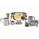 A selection of assorted metalware, including a silver plated cup, pewter coffee pot and tankards,