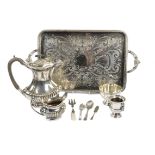 A collection of silver plate, including trays, teapots, coffee pot, candlesticks, cream jugs,