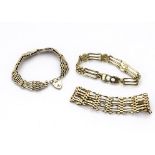 Three 9ct gold bracelets, a seven bar padlock clasp gate link bracelet, together with a fancy linked