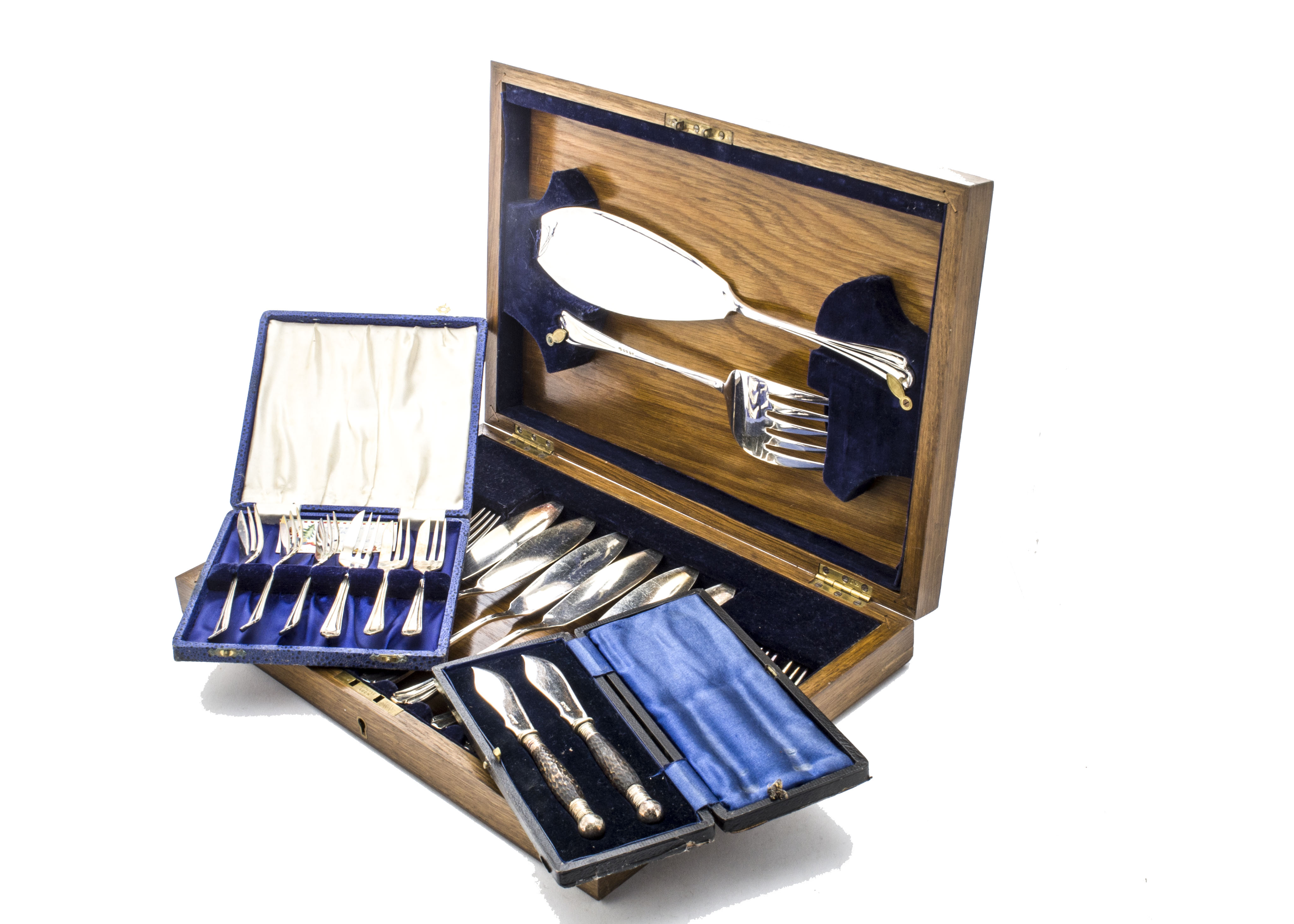 A collection of Victorian and later silver plated flatware, including a cased pair of antler handled