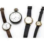 Three vintage gold cased watches and a silver open faced pocket watch, including a JW Benson with