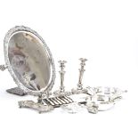 A large 19th Century Sheffield plate salver and other silver plated items, the circular tray with