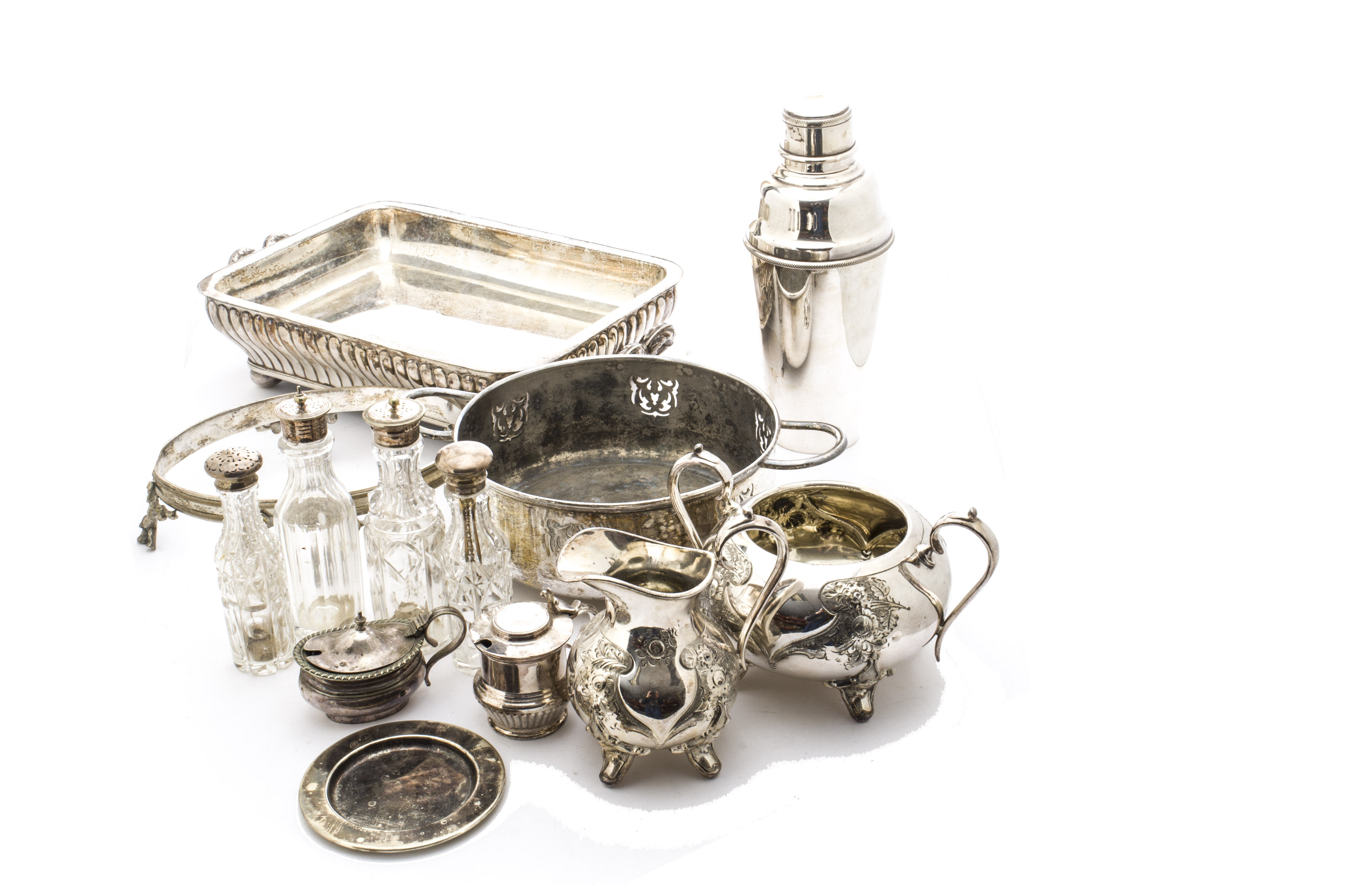 A collection of 19th & 20th Century silver plated table ware, including a pair of chafing dishes,