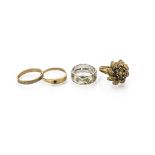 Four 9ct gold rings, comprising two wedding bands and two gem set rings, 14g