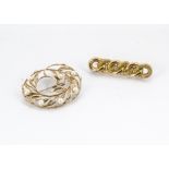 A 9ct gold chain link bar brooch, and a 9ct gold and pearl floral scroll brooch, 12g