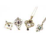 Four art nouveau gem set pendants, comprising two with mauve stones and seed pearls, another