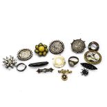 A collection of Victorian silver jewels and other later items, including a milk glass signet ring, a