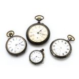 Five late 19th or early 20th Century gun metal cased open faced pocket watches, one large example,