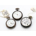 Three early 20th Century open faced pocket watches, one continental silver example, another marked