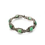 An art deco style silver, marcasite and chrysoprase bracelet, the seven links of rectangular shape