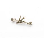 A 9ct gold seed pearl and turquoise swallow pin brooch, with Chester hallmarks, steel pin, 3.8cm, 2g