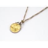 A Victorian full sovereign and mount on curb linked opera length gold chain, the Jubilee head