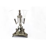 A Victorian silver plated and glass epergne centre piece, having tri-shaped base with three