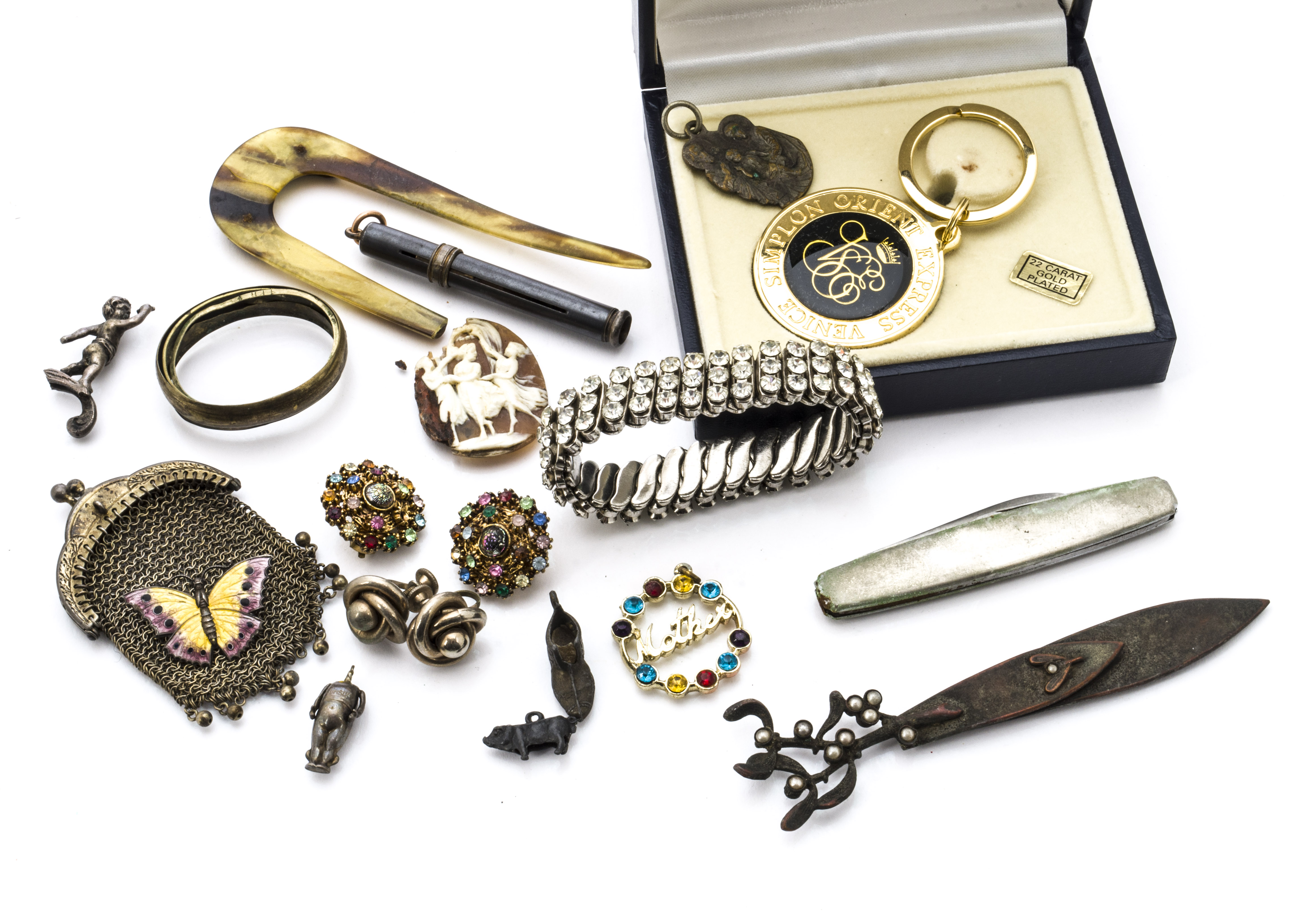 A quantity of costume jewels, including a gold plated rope bar brooch, a silver and enamel butterfly