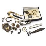 A quantity of costume jewels, including a gold plated rope bar brooch, a silver and enamel butterfly