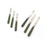 A set of twelve George V silver dessert knives and forks by RR, with green resin handles, AF (24)