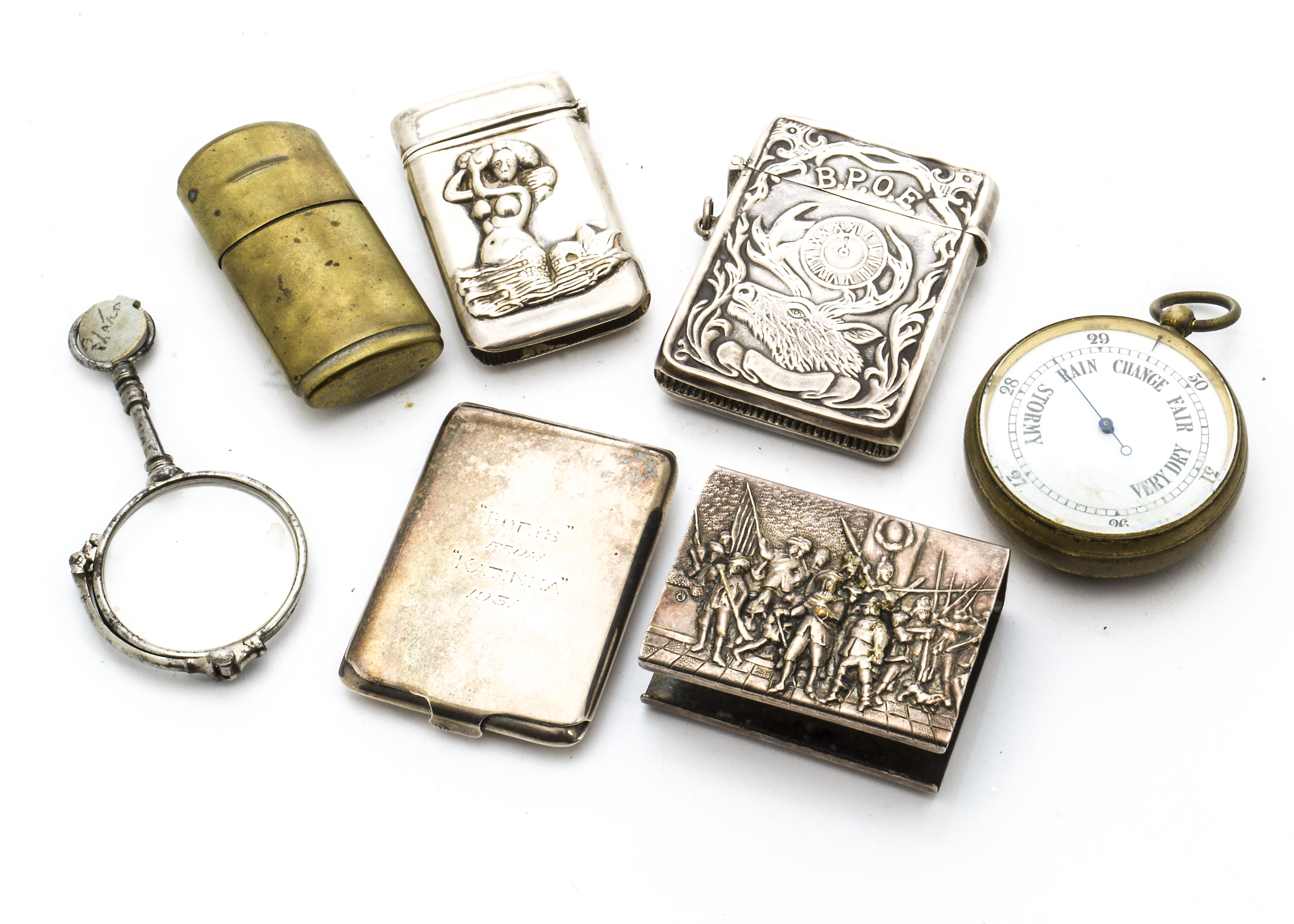 A group of nine small works of art, including a silver US Benevolent & Protective Order of Elks