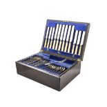 A large collection of silver plated items, including an Art Deco part canteen of cutlery in oak box,