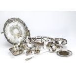 A pair of Victorian silver cauldron salts and spoons and silver plated items, including a tray, soup
