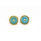 A pair of yellow metal Indian stud earrings, with turquoise discs within a rope twist setting with