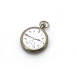 A WWII period open faced military pocket watch, white dial with Arabic numerals, seconds