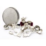 A pair of cased Edwardian silver salts and spoons, together with a silver mustard pot, a silver salt