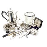 A collection of Georgian and later silver and silver plate, including several cruet items, a small