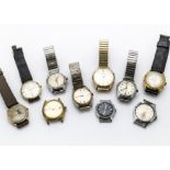 Ten vintage gentlemen's wristwatches, all appear to run and in varying conditions, with a 9ct gold