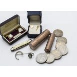 A quantity of gold, silver and costume jewellery, including a 9ct gold stick pin, a silver and