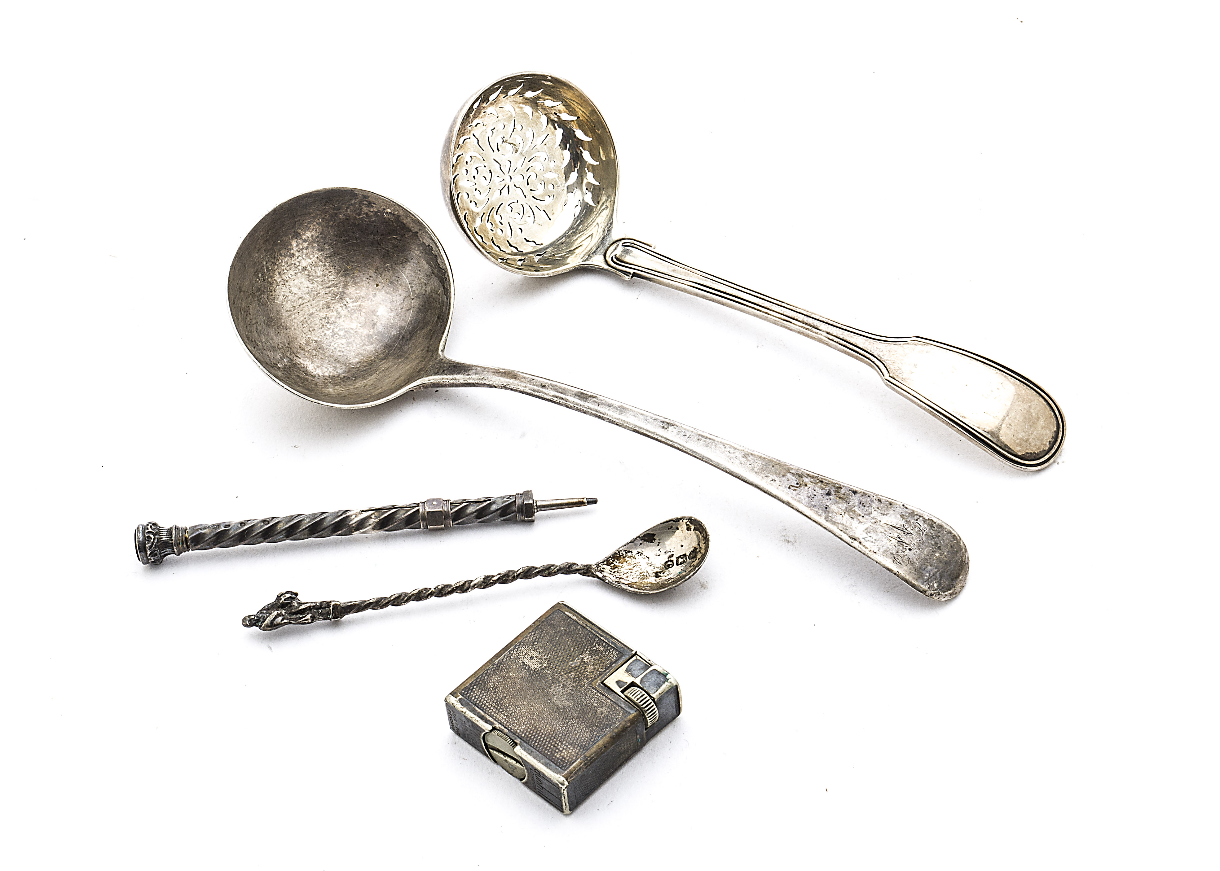 A collection of Georgian and later silver and silver plate, including a silver fiddle and thread