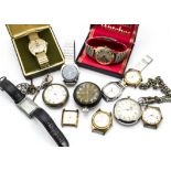 A group of watches, including a boxed Sekonda, a Service example, two stopwatches, a Services box,