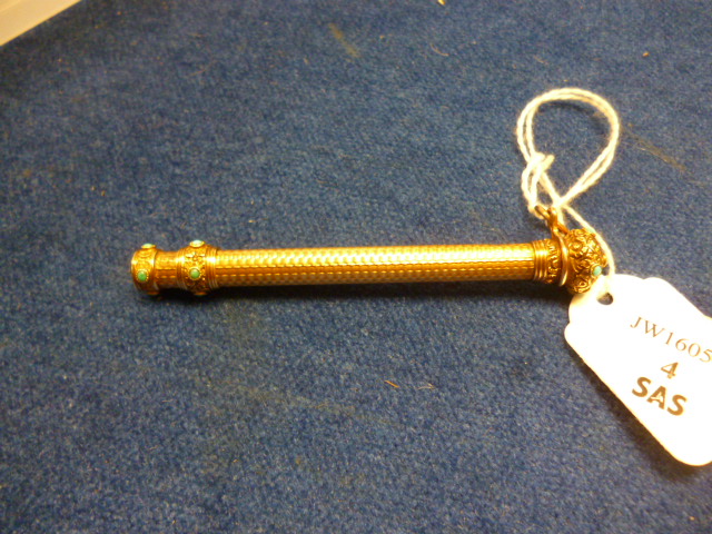 A Victorian gold retractable pencil, with engine turned body, possibly 15ct or 18ct gold, chased - Image 5 of 6
