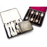 A 1930s silver cigarette case, together with two sets of cased six silver teaspoons