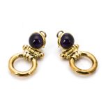 A pair of continental 14K marked amethyst drop earrings, with clip backs, the cabochon studs