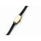 An Art Deco 9ct gold and enamelled cased lady's wristwatch, AF, on black leather strap
