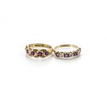 Two ruby and diamond 9ct gold dress rings, both claw set stones with yellow gold settings and shanks