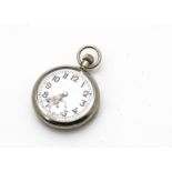 A WWII period open faced military pocket watch, white dial with Arabic numerals, seconds