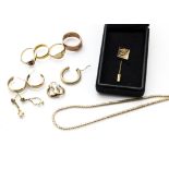 A collection of gold items, including a 22ct gold wedding band, 9ct gold diamond set gentleman's