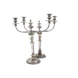 A pair of Edwardian period silver plated candelabra, twin branch on circular foot candlestick bases,