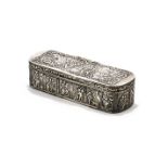 A Victorian continental silver tobacco box, oblong with hinged lid, having raised figures to sides